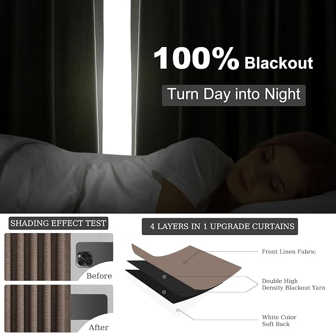 Dark Brown 95 inch Bedroom Living Room Curtains 2 Panels 100% Blackout Linen - Image 5
