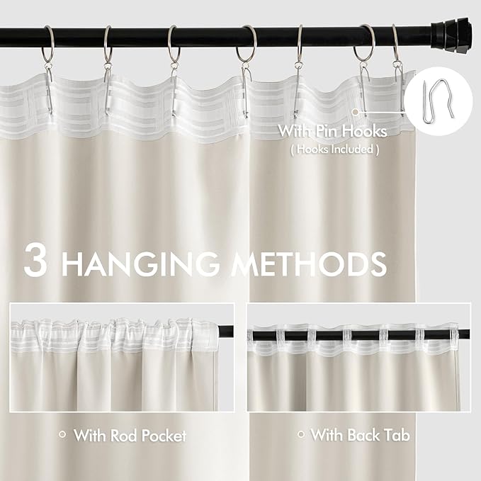 MIULEE Ivory Back Tab Blackout Curtains 52x72 Inches Long 2 Panels Set | Rod - Image 3