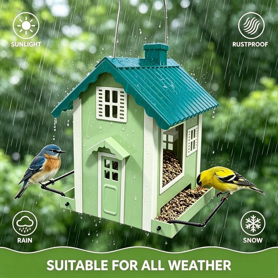WENYLE Bird Feeders for Outdoors Hanging, Heavy Duty Metal Weatherproof Wild Bird Feeder, House Shape with Drain Holes, 2LB Capacity for Garden Yard