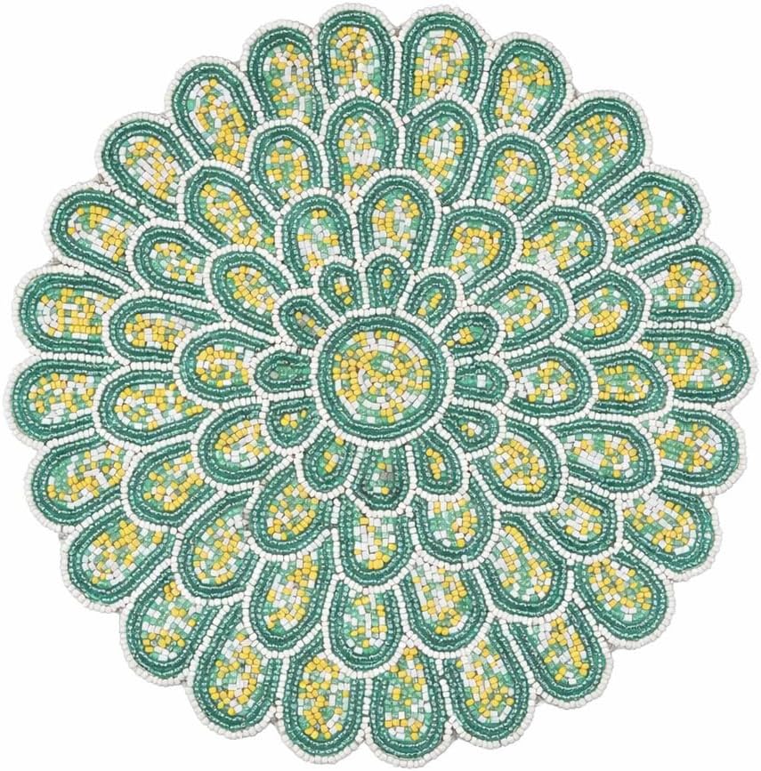 ALPHA Living HOME Beaded Placemats 13 Inch Green White Round Table Mats
