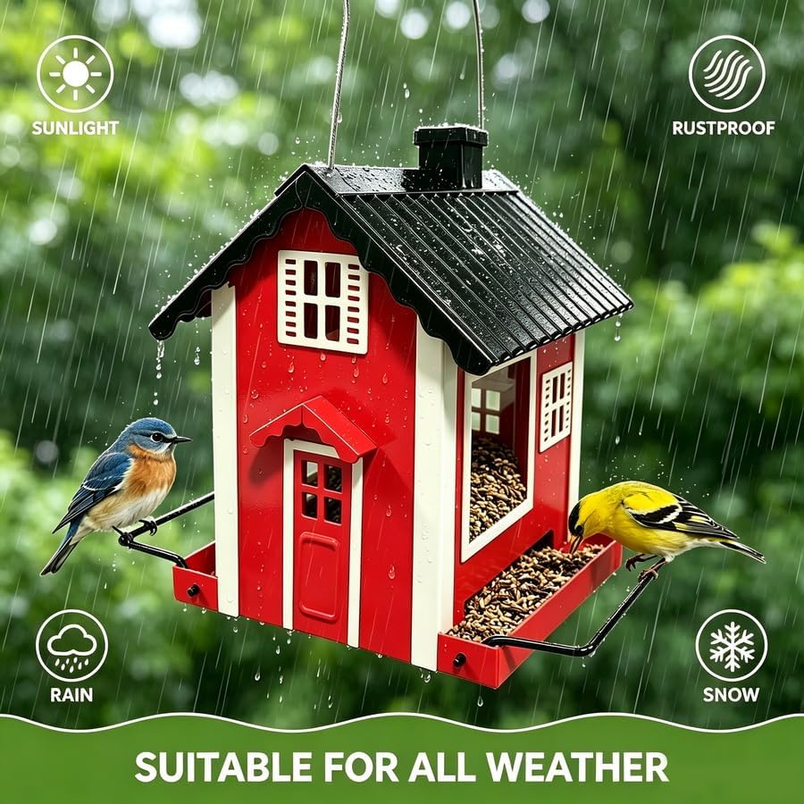 WENYLE Bird Feeders for Outdoors Hanging, Heavy Duty Metal Weatherproof Wild Bird Feeder, House Shape with Drain Holes, 2LB Capacity for Garden Yard