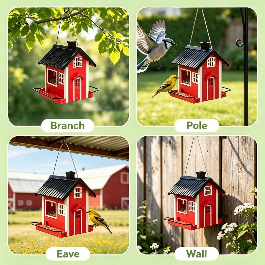 WENYLE Bird Feeders for Outdoors Hanging, Heavy Duty Metal Weatherproof Wild Bird Feeder, House Shape with Drain Holes, 2LB Capacity for Garden Yard