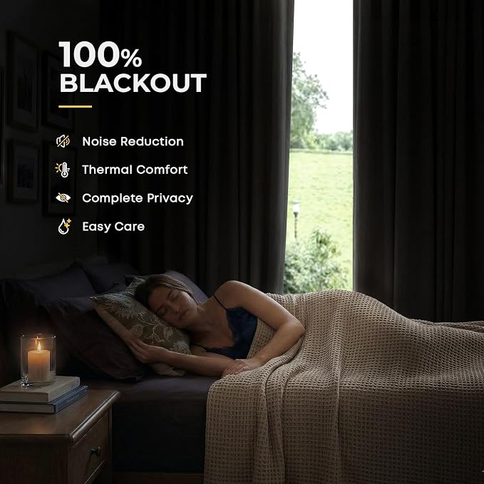 100% Blackout Curtains for Bedroom Oatmeal Linen Look Curtain 102 Inch Long | - Image 2