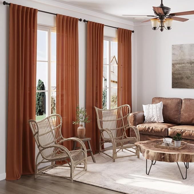 Terracotta Linen Curtains 84 Inches Long 2 Panel Set Back Tab Boho Rustic - Image 6