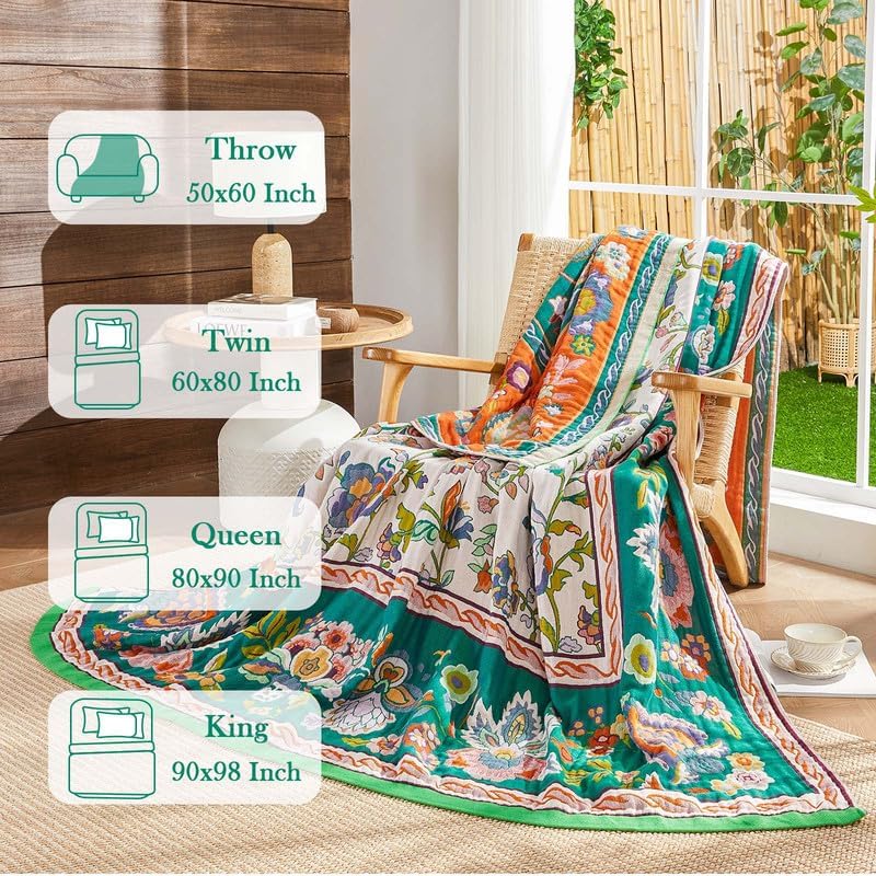 Boho Throw Blanket Cotton Muslin Woven Flower Decorative Blankets 50"x60"