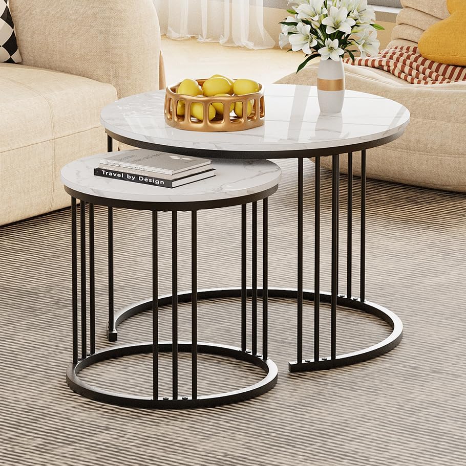 Garden 4 you Coffee Table Faux Marble Nesting Table for Small Place 2 Sets Modern Furniture Living Room Sets End Side Table Night Stand for Bed Room Dining Room (Black & White)