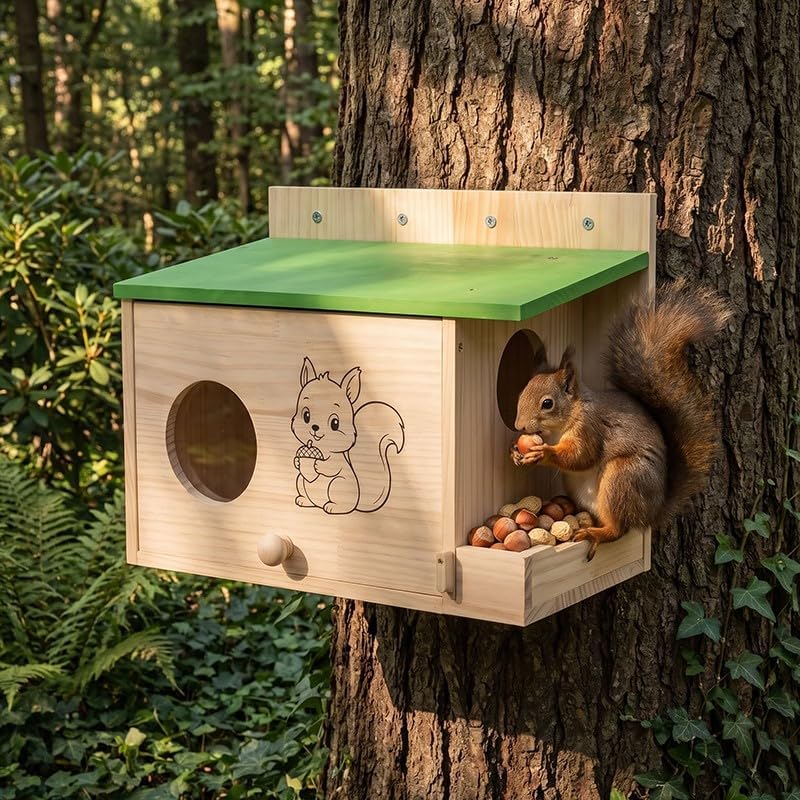 Large Squirrel Houses for Outside, Squirrels Nesting Box with Acrylic Viewing Window, Wood Squirrel Box with Feeder, Backyard Squirrel Shelter Squirrels Feeders for Outside