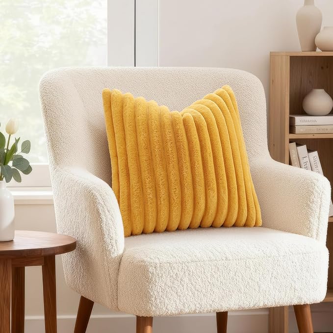 decorUhome Fall Faux Fur Throw Pillow Covers 26x26 Set of 2 Mustard Yellow | - Image 4