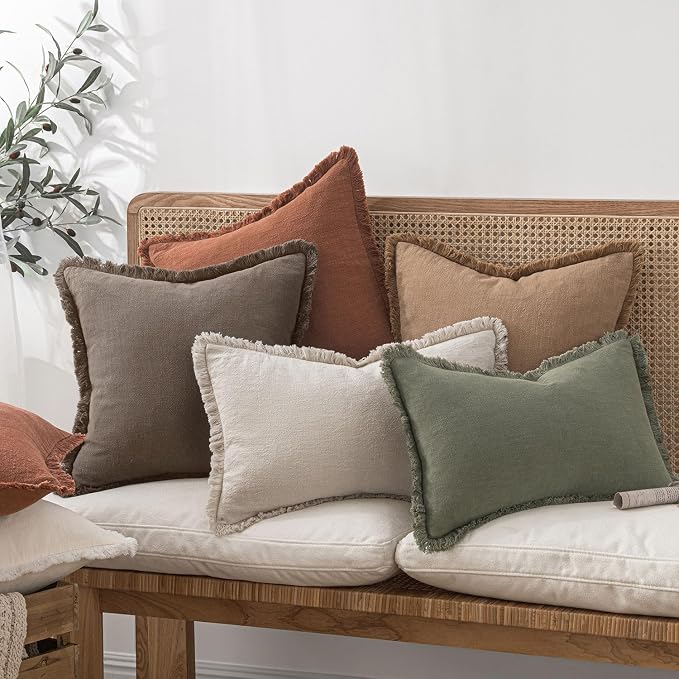 MIULEE Linen Fringe Decorative Fall Euro Throw Pillow Covers Coffee 22x22 | Set - Image 7