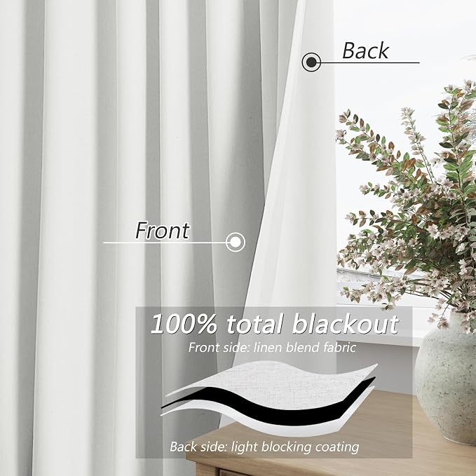 White 100% Blackout Linen Curtains 52 Inch Wide by 138 Inch - Image 3