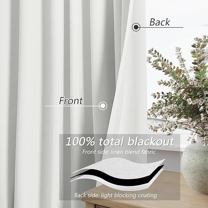 100% Blackout Linen Curtains 112 Inch Long by 52 Inch Wide 2 Panels Set - Image 4
