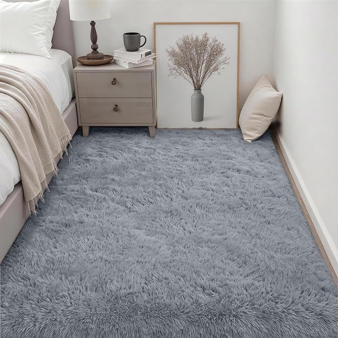 Area Rug Living Room Bedroom: 6x9 Fluffy Plush Shag Carpet Gray | - Image 3