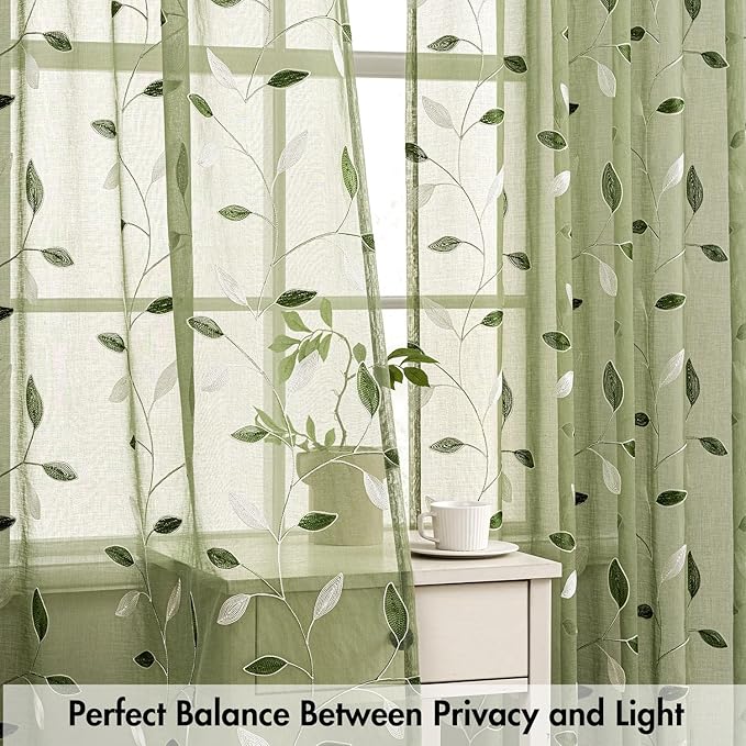 MIULEE Sage Green Sheer 30x36 Inches 2 Panels Embroidered Leaf Patterned | - Image 5