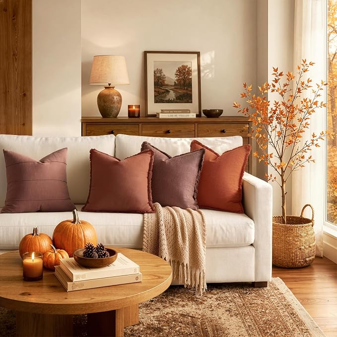 MIULEE Linen Decorative Fall Euro Throw Pillow Covers Burnt Orange 22x22 | Set - Image 3