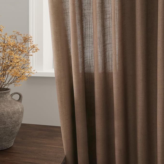 Caramel Brown Linen Curtains 63 Inches Length 2 Panels Set - Image 3