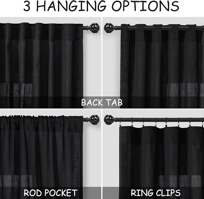 Black Linen Sheer Curtains 54 Inch Length 2 Panel Set Back Tab Pocket Semi - Image 3