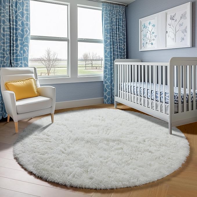 Cream White Round Rugs 7ft for Living Room, Ivory Fluffy Bedroom Circle Area Rug - Image 8