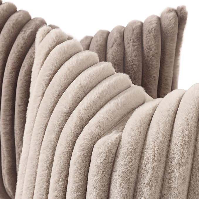 decorUhome Fall Faux Fur Throw Pillow Covers 24x24 Set of 2 Tan | Decorative - Image 2