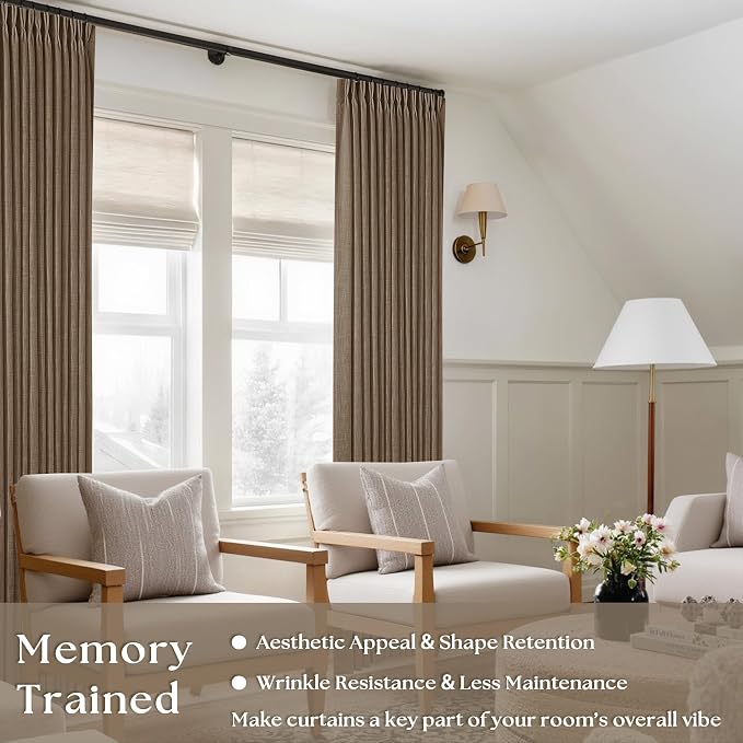 Dark Brown Linen Semi Sheer Pinch Pleated Curtains 108 Inches Long 2 Panels | - Image 2