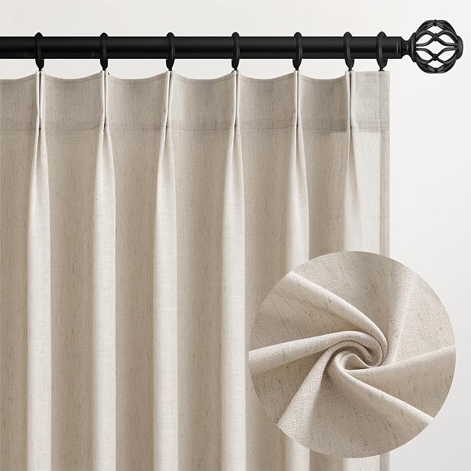 96 Inches Long Pleated Sheer Curtains, Oatmeal Linen Blended Light Filtering by Topfinel