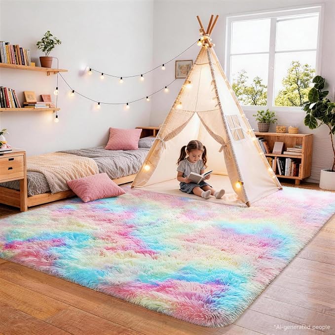 Ophanie Rainbow Colorful Rugs for Living Room 5x8, Unicorn Fluffy Shag Fuzzy - Image 5