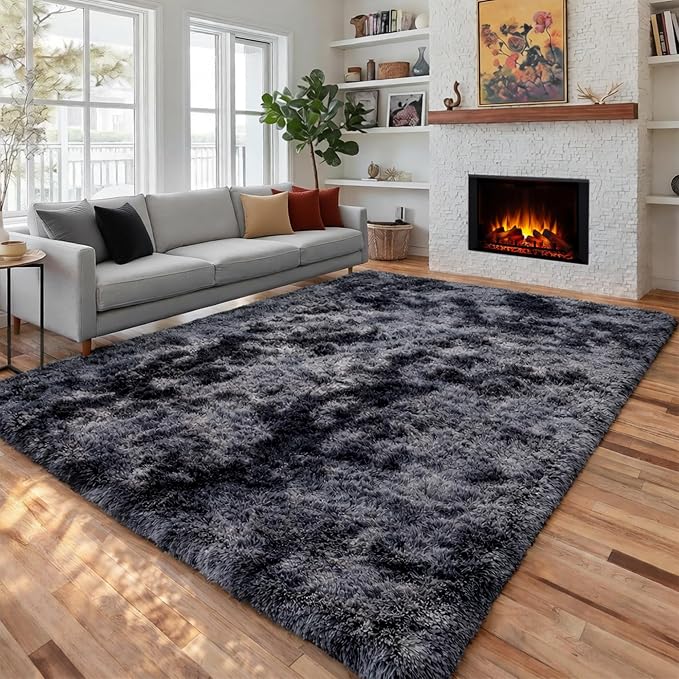 Abstract Area Rugs for Living Room 4x6, Plush Furry Tie-Dyed Dark Grey Rugs | by PAGISOFE
