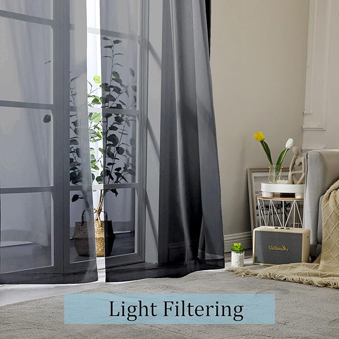 Black Sheer Curtains 68 Inch Length 2 Panels Set - Image 2