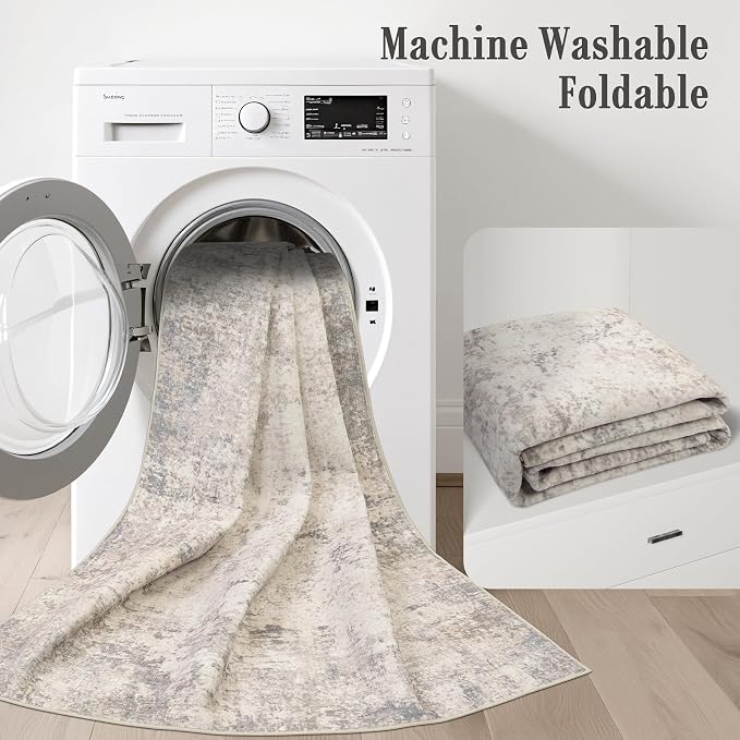 2.6x14 Washable Runner Rug:Modern Abstract Soft Carpet Brown Beige | - Image 4