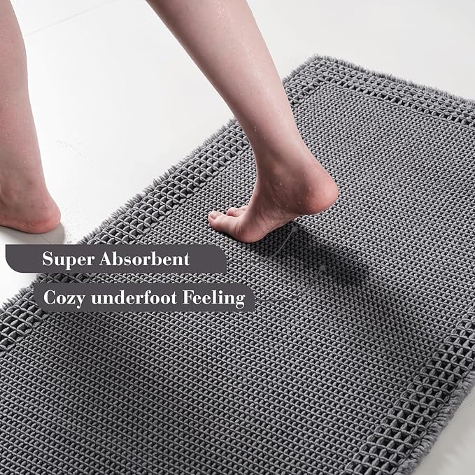 RESARE Waffle Bathroom Runner Rugs, Non Slip Boho Bath Mat 24x48 Dark Grey | - Image 3