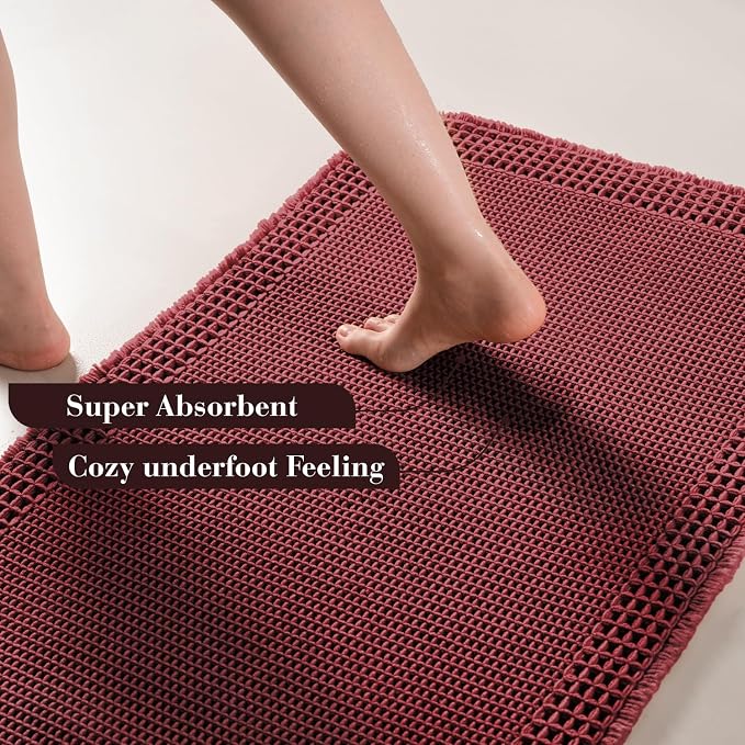 RESARE Waffle Bath Mat for Bathroom Non Slip Bathroom Rugs 17"x24" Dark Red | - Image 3