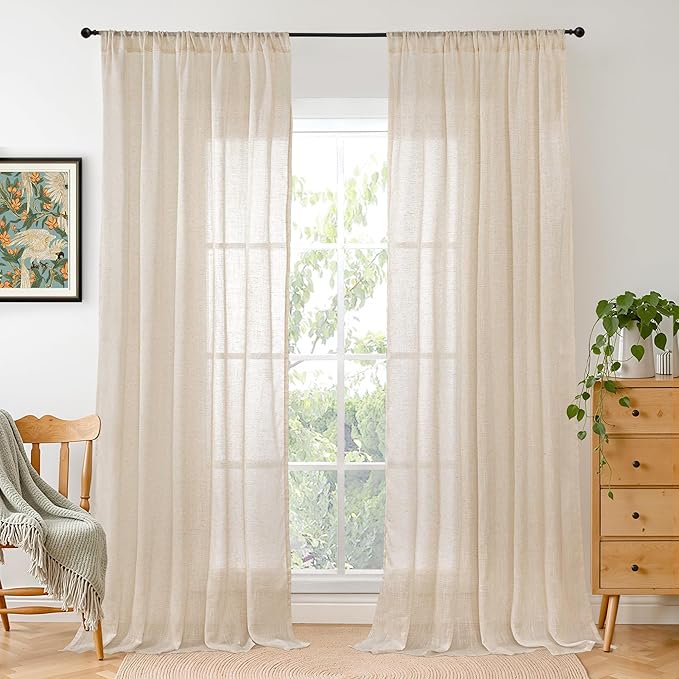 BGment Tan Linen Curtains 84 Inch Length 2 Panels Burlap Semi Sheer Drapes | by BGment