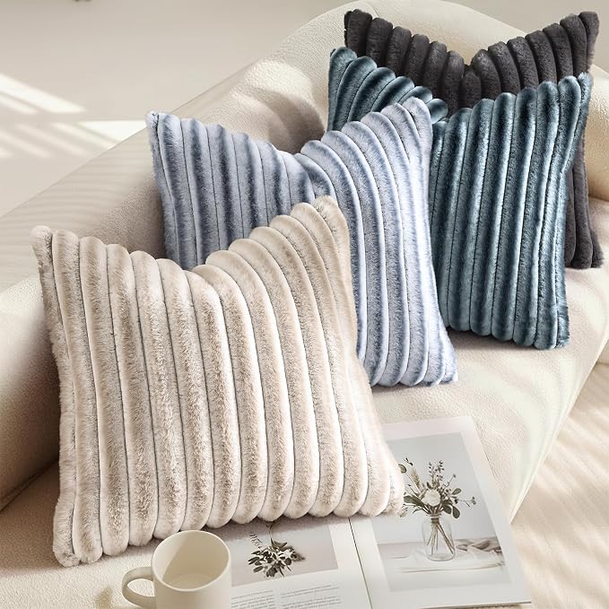 decorUhome Fall Faux Fur Throw Pillow Covers 16x16 Set of 2 Blue Grey | - Image 4