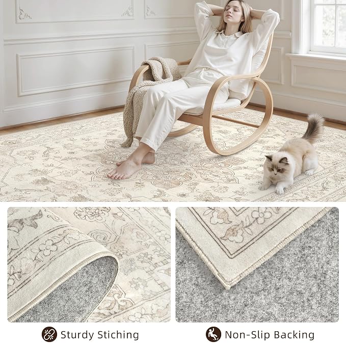 10x14 Area Rugs Living Room: Bedroom Washable Carpet Beige White | Vintage Boho - Image 4