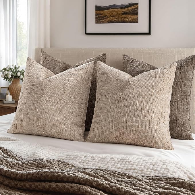 MIULEE Chenille Textured Euro Throw Pillow Covers Oatmeal 24x24 Set of 2 | - Image 5