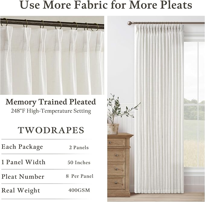 Short Beige White Linen Pinch Pleated Semi Sheer Curtains 63 Inch Long 50W | - Image 6