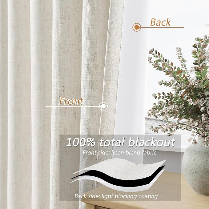 Beige White 100% Blackout Linen Curtains 98 Inch Length 2 Panels Set - Image 3