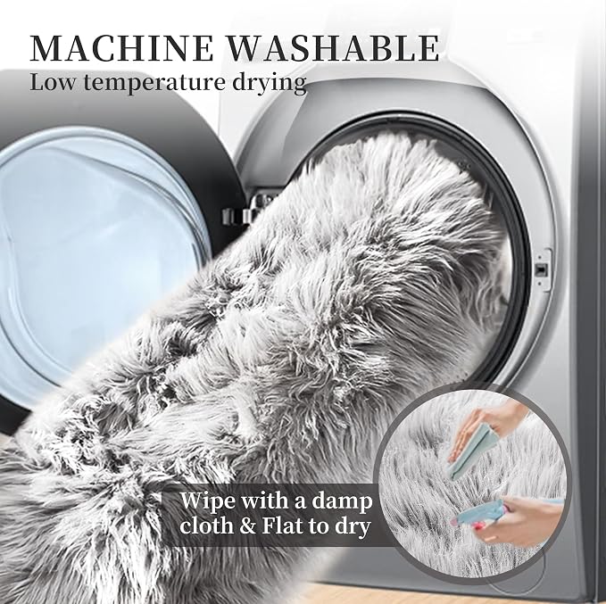ORINOVA Silver Grey Faux Sheepskin Washable Shaggy Fur Area Rugs - Image 5