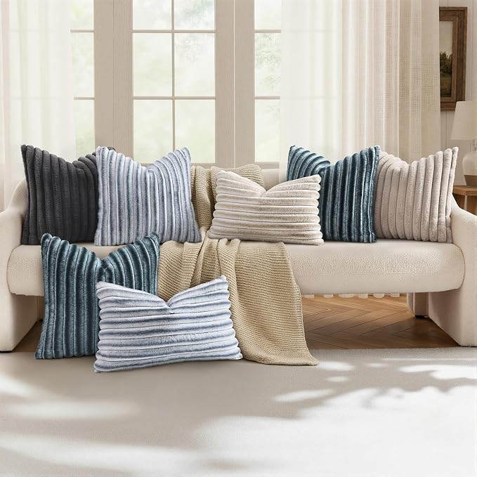 decorUhome Fall Faux Fur Throw Pillow Covers 26x26 Set of 2 Grey White | - Image 5