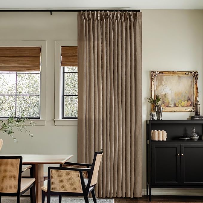 Dark Brown Linen Semi Sheer Pinch Pleated Curtains 108 Inches Long 2 Panels | by Twodrapes