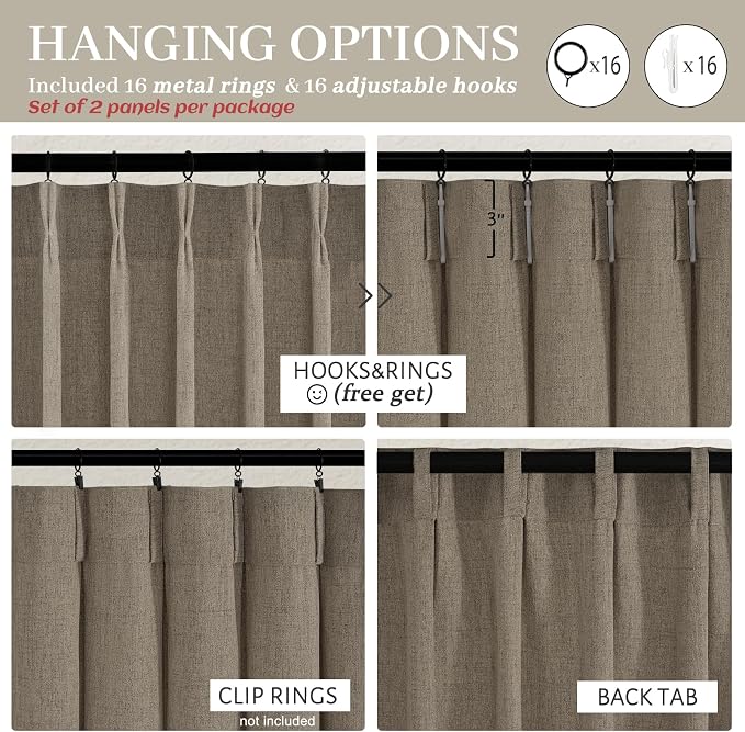 Dark Flax Pleated Natural Linen 95 Inch Long Curtains 2 Panel Set - Image 5