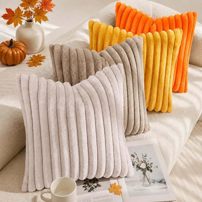 decorUhome Fall Faux Fur Throw Pillow Covers 26x26 Set of 2 Orange | Decorative - Image 5