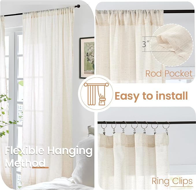 BGment Beige Linen Semi Sheer Curtains 42X40 Inch Length 2 Panels | Cream Light - Image 6