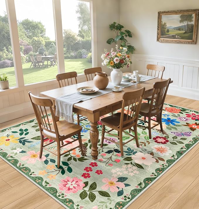 PLHXFR Area Rug 10x14 Living Room: Floral Washable Boho Soft Carpet Green | - Image 4
