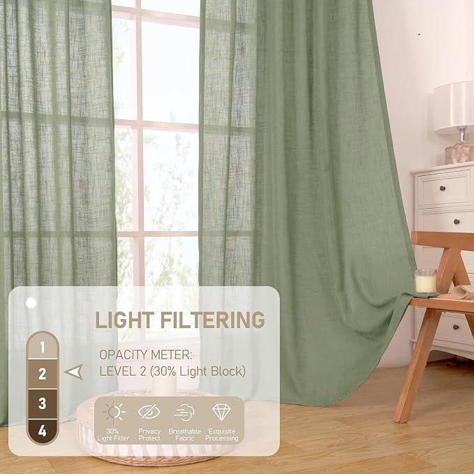 Sage Green Semi Sheer Window Linen Curtains, 34 x 54 Inch | 54 Inch Length - Image 4