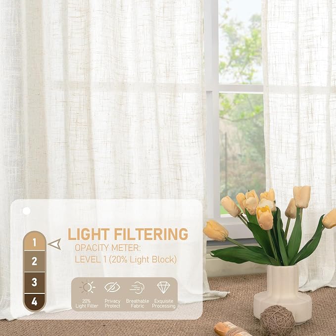 Semi Sheer Cream Linen Curtains 36 Inch Length 2 Panels 34x36 Inch | Light - Image 4