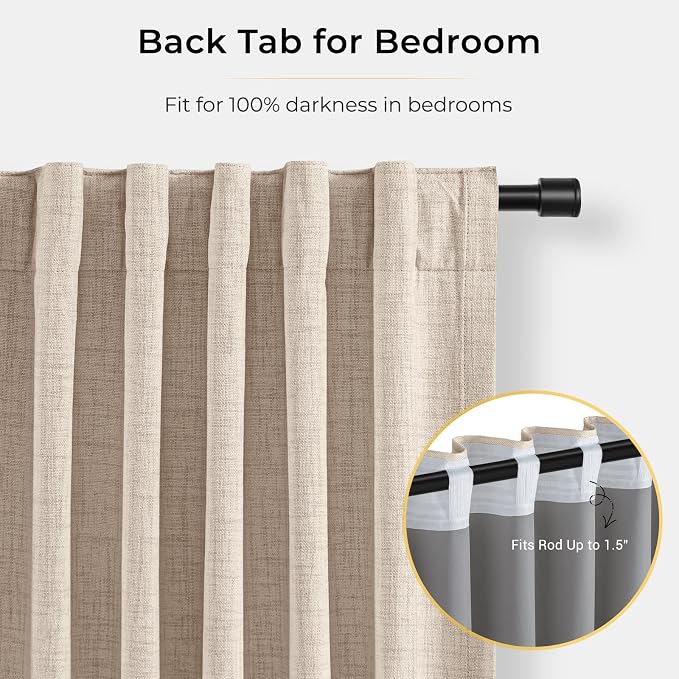 100% Blackout Curtains for Bedroom Oatmeal Linen Look Curtains 63 Inch Long | - Image 4