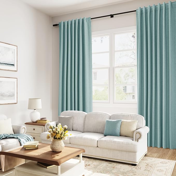 Light Blue 100% Blackout Linen Curtains 96 Inch Length 2 Panels Set - Image 8
