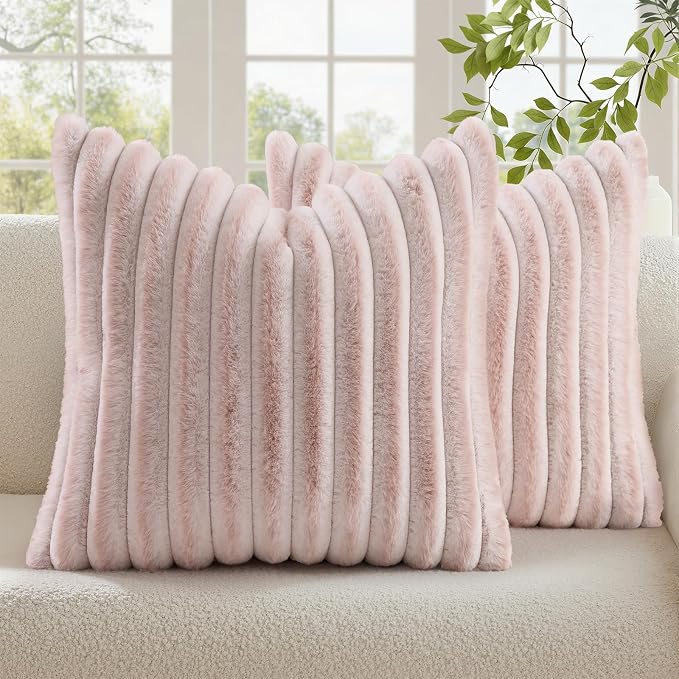 decorUhome Fall Faux Fur Throw Pillow Covers 26x26 Set of 2 Pink White | by decorUhome