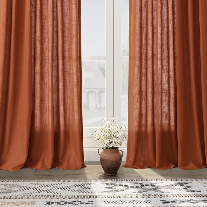 Terracotta Linen Curtains 84 Inches Long 2 Panel Set Back Tab Boho Rustic - Image 5