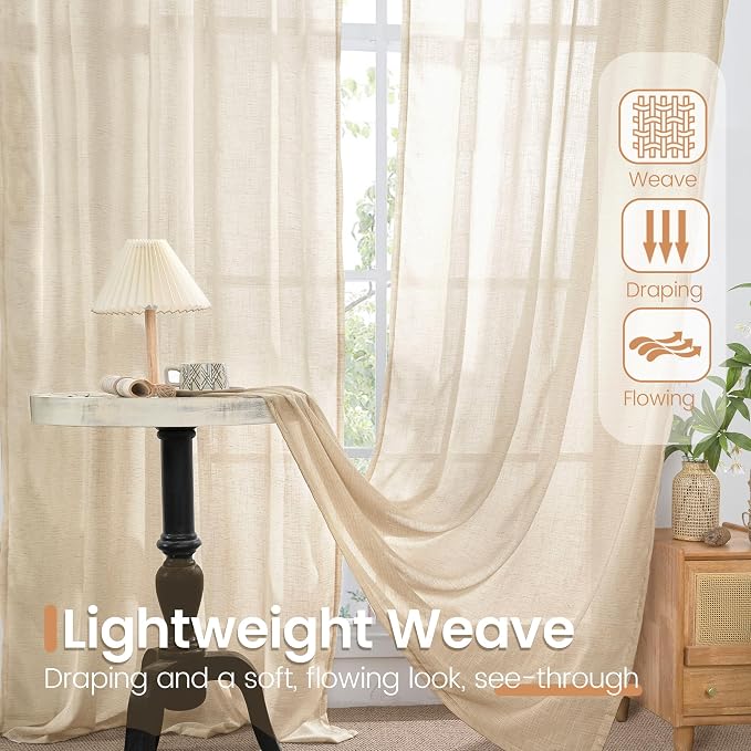 BGment Tan Linen Curtains 84 Inch Length 2 Panels Burlap Semi Sheer Drapes | - Image 5